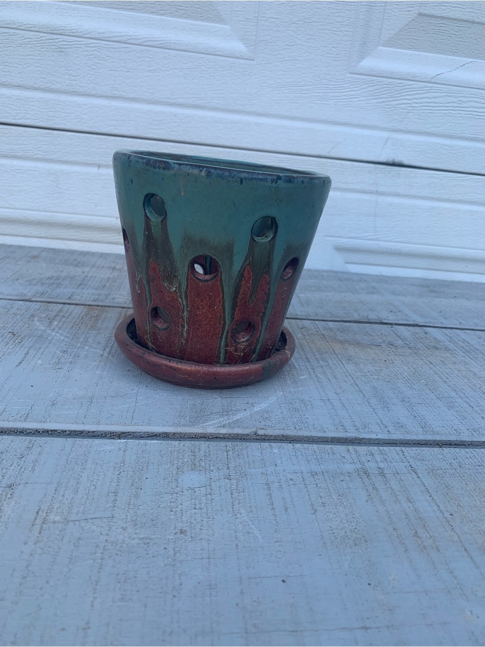 Vintage Style Ceramic Orchid Pot with Air Holes & Attached Saucer 5.5” Tall